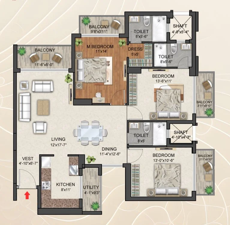 Abhyudaya Celestial 3BHK 1107 sqft floor plan Vastu compliant Lucknow