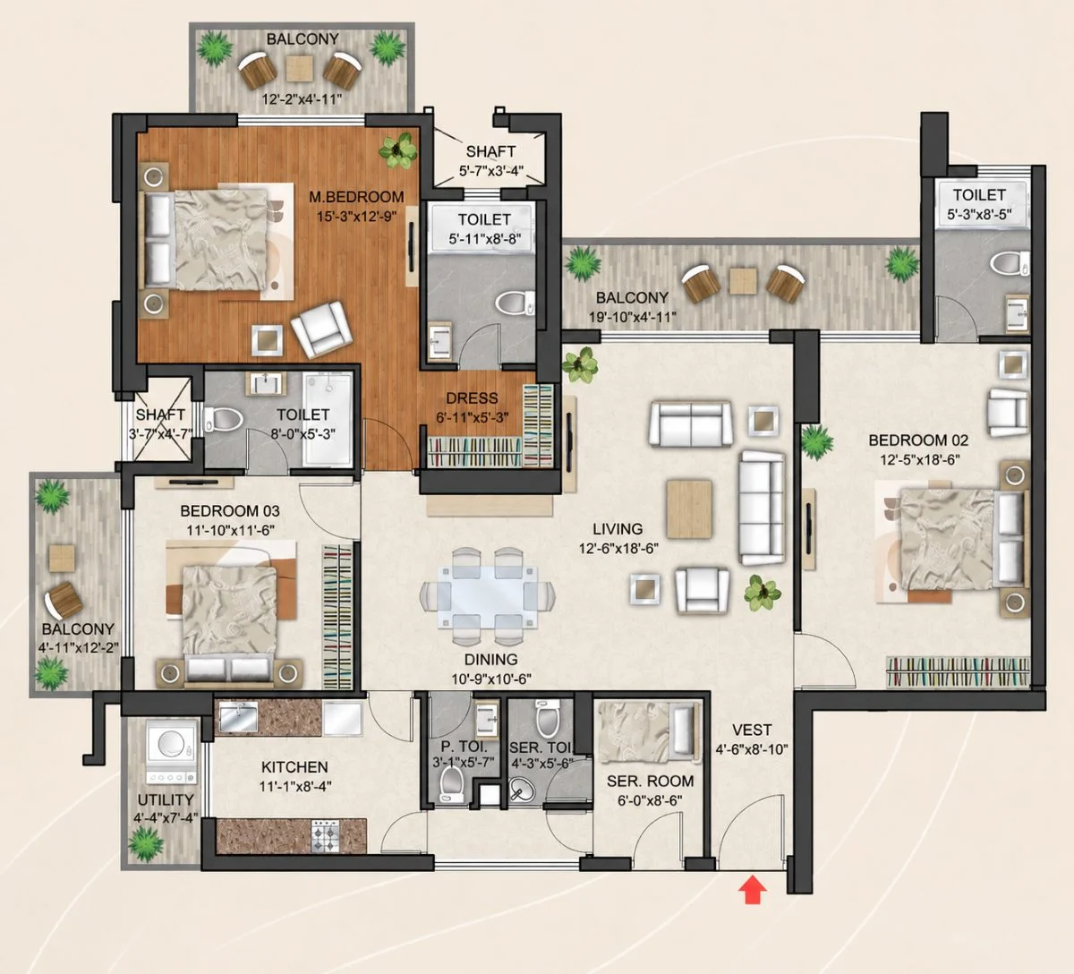 Abhyudaya Celestial 3BHK Servant 1428 sqft floor plan GH-18